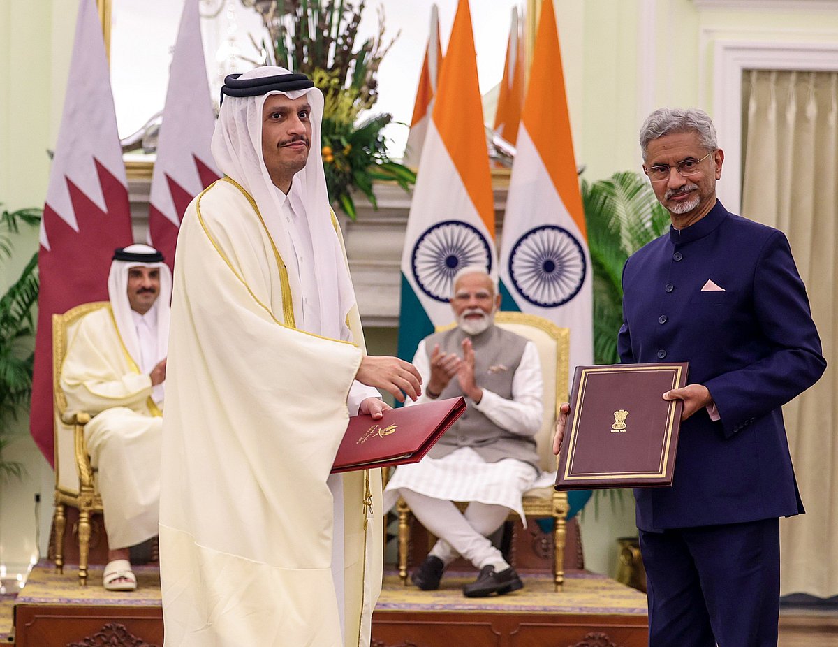 Prime Minister Narendra Modi with Sheikh Tamim Bin Hamad Al Thani, witness the signing of agreements between  External Affairs Minister S Jaishankar and Qatar's Prime Minister and Minister of Foreign Affairs Sheikh Mohammed bin Abdulrahman bin Jassim Al Thani, at Hyderabad House in New Delhi on Tuesday.  
