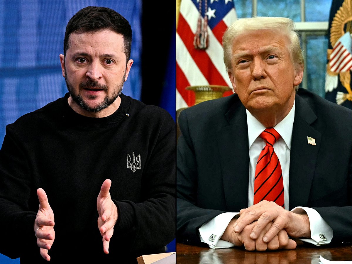 This combination of pictures created on February 19, 2025 shows, L-R, Ukraine's President Volodymyr Zelensky  in Brussels on December 19, 2024 and US President Donald Trump in Washington, DC, on February 10, 2025.