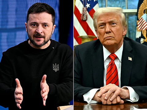 This combination of pictures created on February 19, 2025 shows, L-R, Ukraine's President Volodymyr Zelensky  in Brussels on December 19, 2024 and US President Donald Trump in Washington, DC, on February 10, 2025.