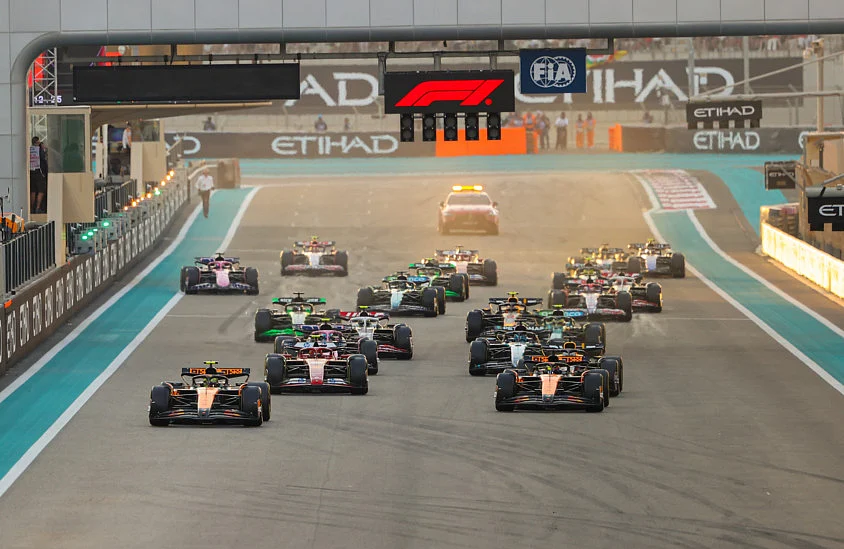 Lando Norris of McLaren lead the pack at the start of  the Formula 1 Etihad Airways Abu Dhabi Grand Prix 2024 at Yas Marina circuit on Sunday.
