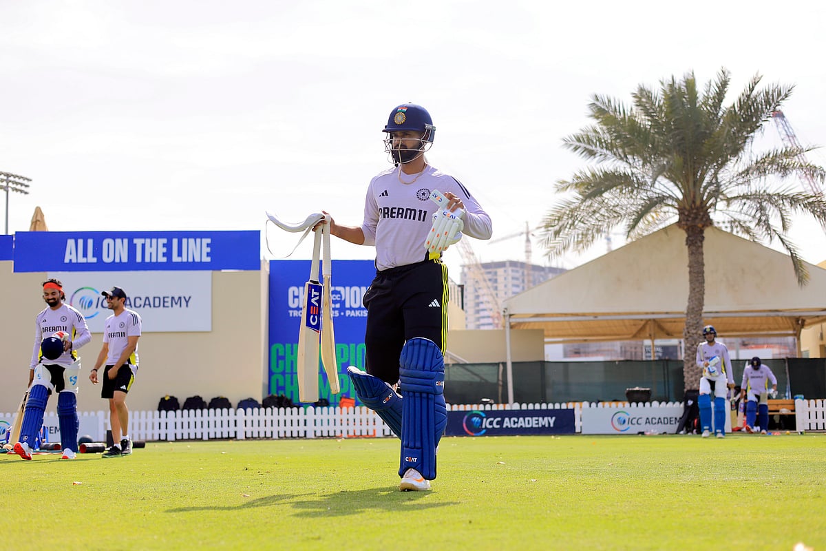 India's Shreyas Iyer during a practice session ahead of the team's opening match against Bangladesh in the ICC Champions Trophy, 2025, at Dubai International Cricket Stadium in Dubai on Sunday.