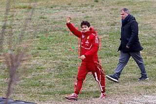 Charles Leclerc of Monaco waves to fans after he tried the new F1 Ferrari SF-25 during tests at Fiorano Circuit on February 19, 2025 in Fiorano Modenese near Maranello.