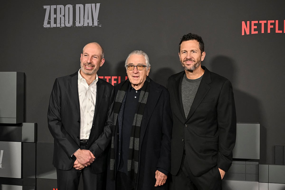 US producer Noah Oppenheim (L), US actor Robert De Niro and US producer Eric Newman (R) attend Netflix's "Zero Day" world premiere at The Plaza Hotel in New York City on February 18, 2025.