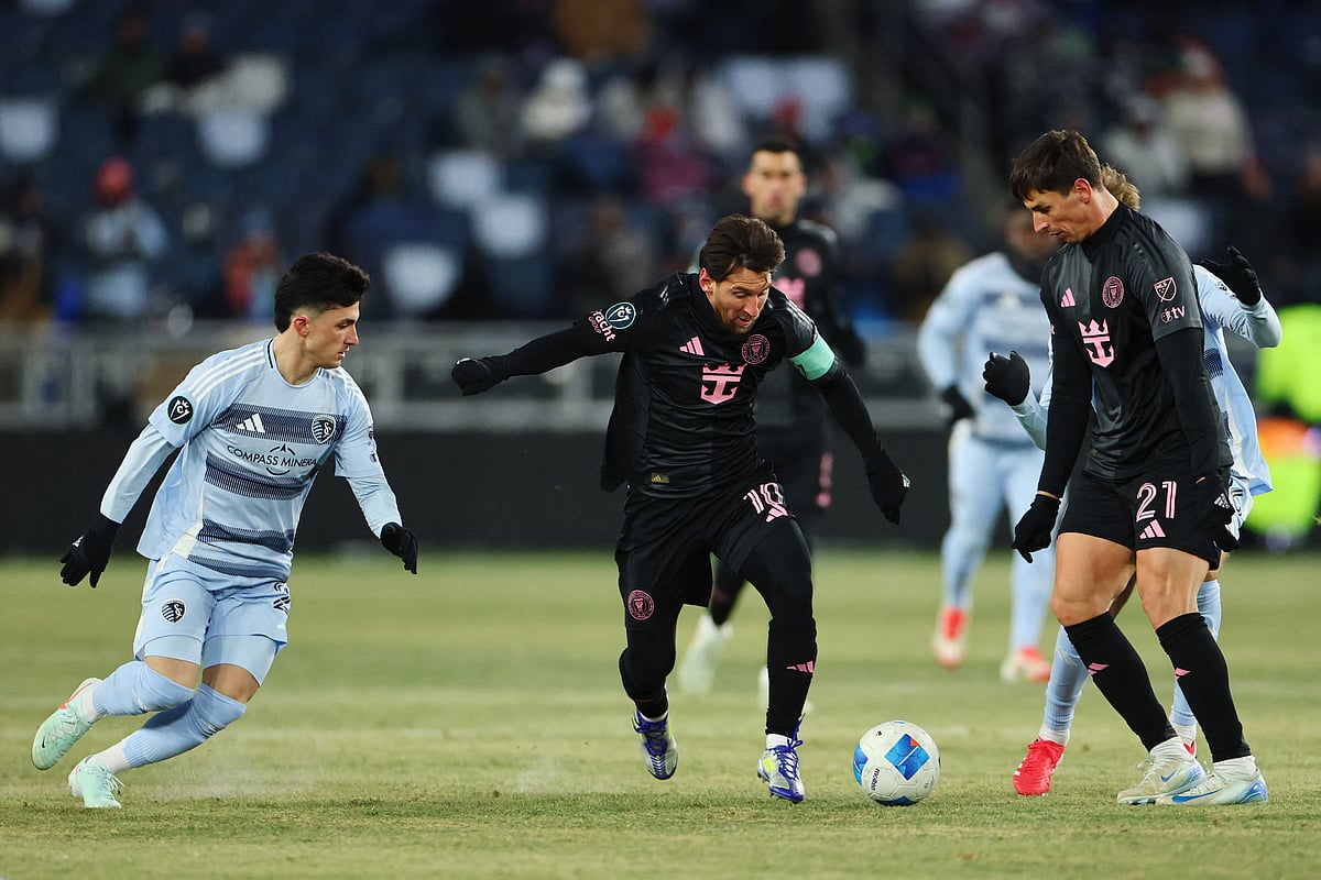 Lionel Messi of Inter Miami controls the ball during a 2025 Concacaf Champions Cup first leg match between Sporting Kansas City and Inter Miami at Sporting Park on February 19, 2025 in Kansas City, Kansas.