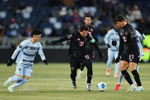 Lionel Messi of Inter Miami controls the ball during a 2025 Concacaf Champions Cup first leg match between Sporting Kansas City and Inter Miami at Sporting Park on February 19, 2025 in Kansas City, Kansas.