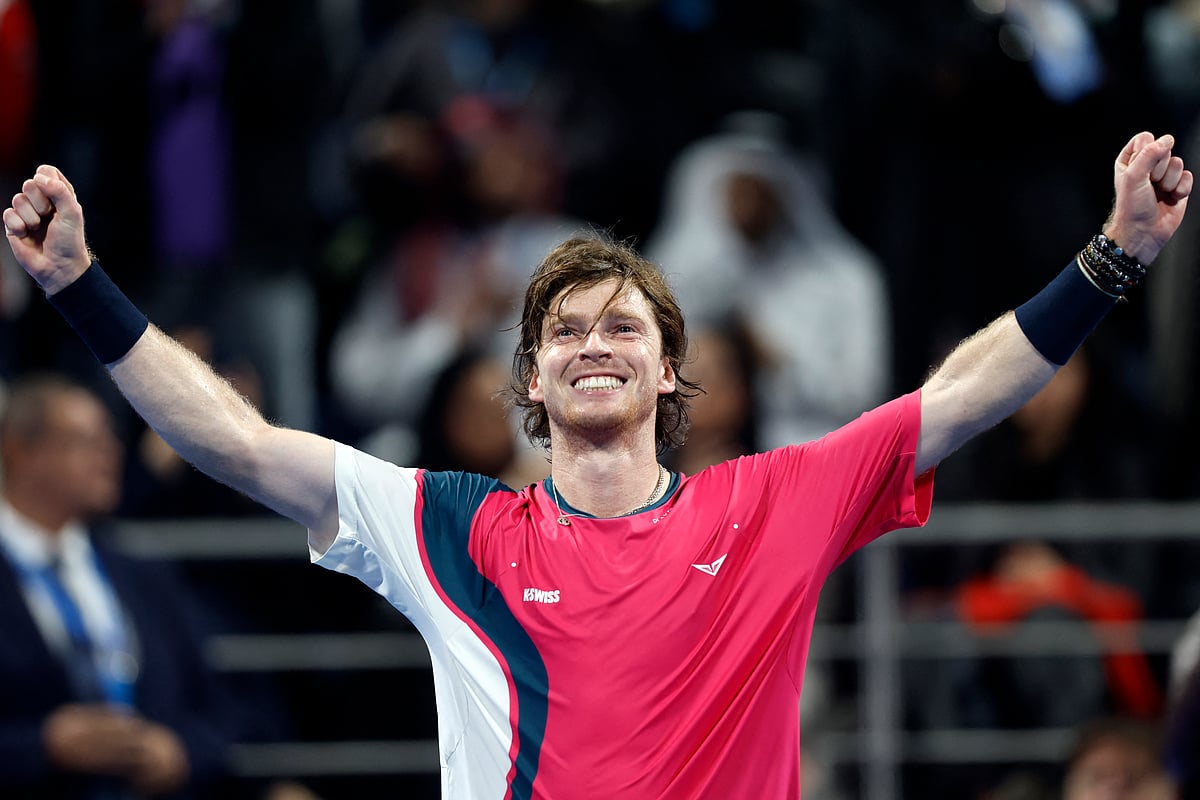 Russia's Andrey Rublev reacts after winning the ATP Qatar Open tennis tournament final match against Britain's Jack Draper in Doha on February 22.