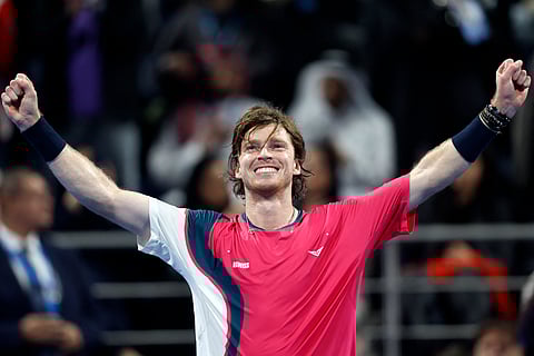 Russia's Andrey Rublev reacts after winning the ATP Qatar Open tennis tournament final match against Britain's Jack Draper in Doha on February 22.