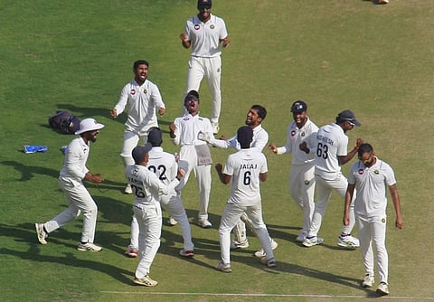 Kerala players celebrate after taking the lead against Gujarat in the semi-finals on Friday.