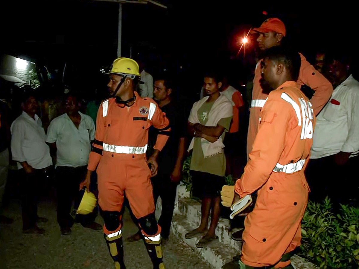 NDRF personnel assist in rescue operations after a portion of the Srisailam Left Bank Canal (SLBC) tunnel near Domalpenta collapsed, in Nagarkurnool on Saturday.