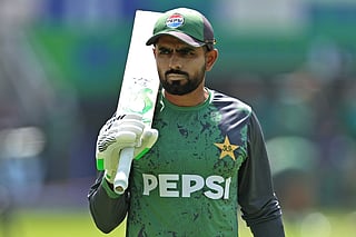 Pakistan's Babar Azam attends a warm-up session before the start of the ICC Champions Trophy one-day international (ODI) cricket match between Pakistan and India at the Dubai International Stadium in Dubai on February 23, 2025.