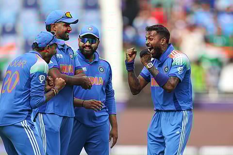 India's Hardik Pandya celebrates, with The Richard Mille RM 27-02 strapped to his wrist, after dismissing Pakistan's Saud Shakeel in the Champions Trophy at Dubai International Stadium on Sunday. 