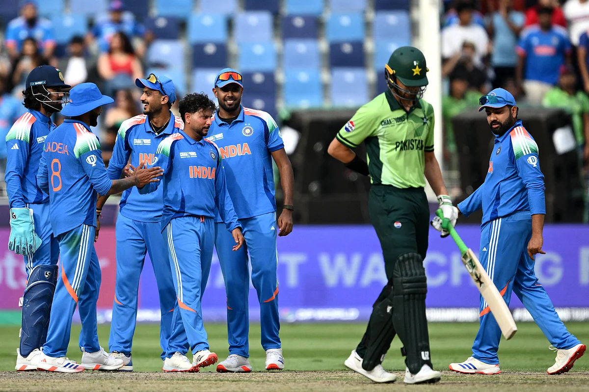 Indian players celebrate the wicket of Pakistan's Shaheen Shah Afridi during the ICC Champions Trophy in Dubai. Minister Mansukh Mandaviya's remarks revive hopes of two Asian giants meeting each other on sports arena.