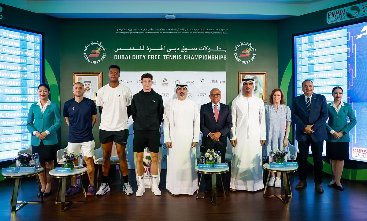 Officials and players during the Dubai Duty Free Tennis Championship men's official draw.