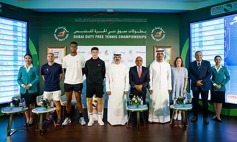 Officials and players during the Dubai Duty Free Tennis Championship men's official draw.