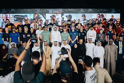 Mohammed Ben Sulayem with the drivers and officials at the historic Al Jahili Fort in Al Ain. 