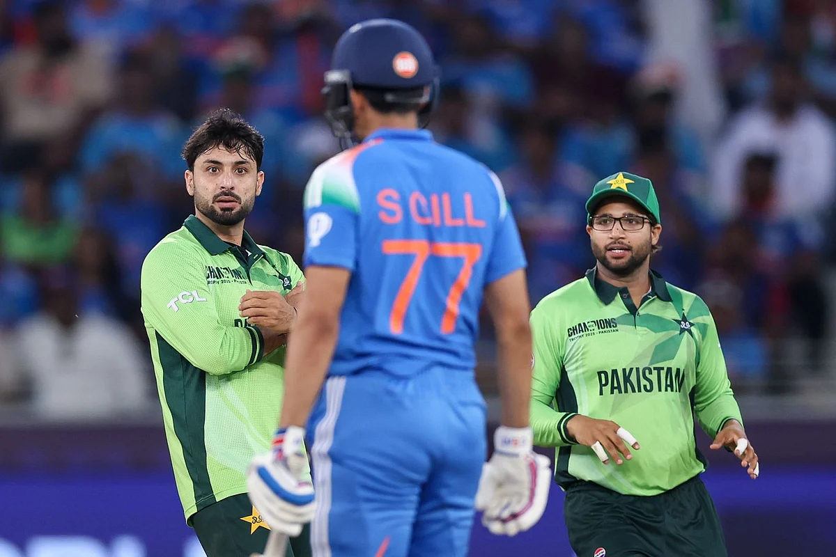 Pakistan bowler Abrar Ahmed celebrates after taking the wicket of Indian batsman Shubman Gill in the Champions Trophy match at Dubai International Stadium on Sunday. 