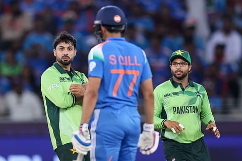 Pakistan bowler Abrar Ahmed celebrates after taking the wicket of Indian batsman Shubman Gill in the Champions Trophy match at Dubai International Stadium on Sunday. 