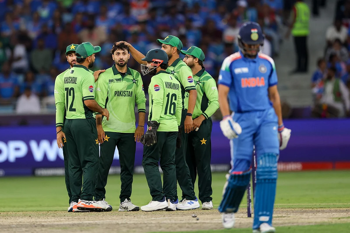 Pakistan bowler Abrar Ahmed celebrates after taking the wicket of Indian batsman Shubman Gill in the Champions Trophy match at Dubai International Stadium on Sunday. Photo: Virendra Saklani/Gulf News.
