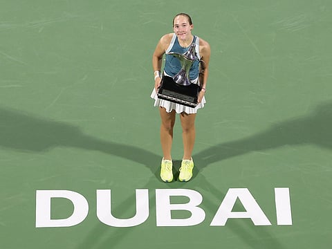 Mirra Andreeva with the Dubai Duty Free Tennis Championship trophy. She defeated Denmark’s Clara Tauson in straight sets 7-6(1), 6-1.