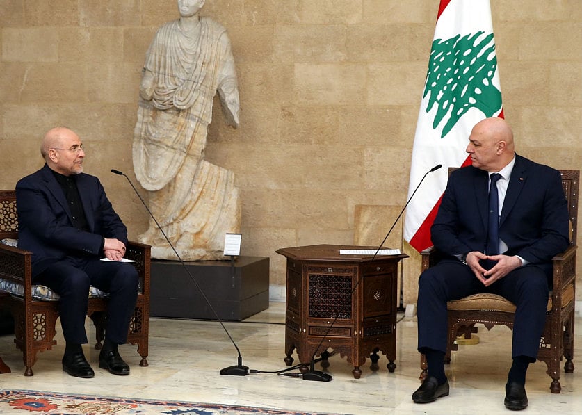 President Joseph Aoun (right) meeting with Irans Parliament Speaker Mohammad Bagher Ghalibaf the presidential palace in Baabda, on February 23, 2025. 