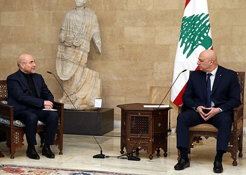 President Joseph Aoun (right) meeting with Irans Parliament Speaker Mohammad Bagher Ghalibaf the presidential palace in Baabda, on February 23, 2025. 