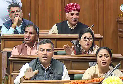 Delhi Chief Minister Rekha Gupta, Delhi Minister Parvesh Verma and others during the second day of first session of the Delhi Assembly, at Vidhan Sabha in New Delhi on Tuesday.  