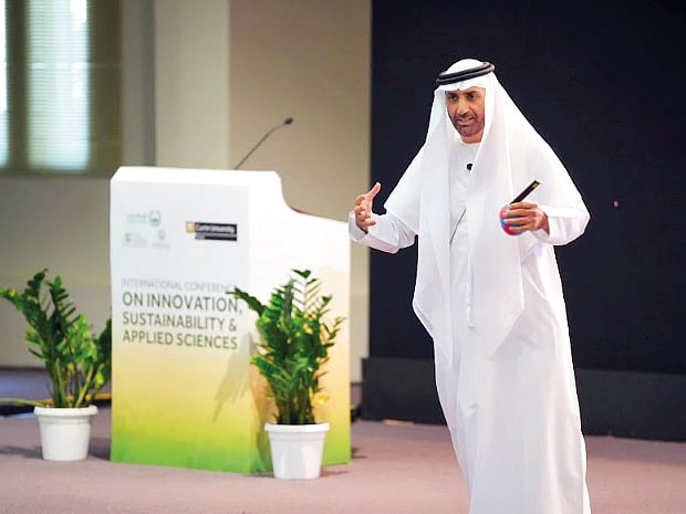 Sheikh Abdul Aziz Al Nuaimi, member of the Ajman Royal Family and Environmental Advisor to the Government of Ajman, delivering the keynote address at the International Conference on Innovation, Sustainability, and Applied Sciences organised by Curtin University Dubai
