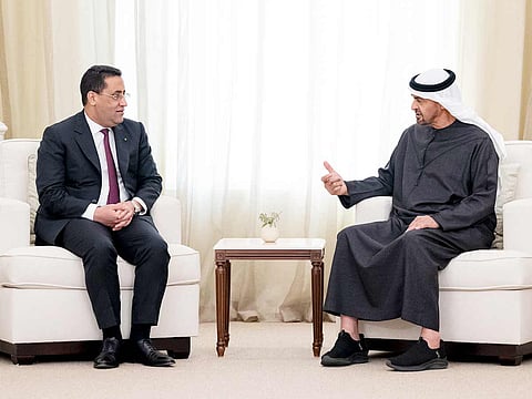 President His Highness Sheikh Mohamed bin Zayed Al Nahyan (R), meets with His Excellency Moctar Ould Djay, Prime Minister of Mauritania (L), at the Sea Palace. 