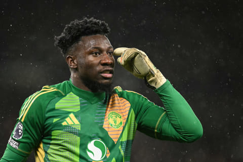 Manchester United's Cameroonian goalkeeper Andre Onana reacts during the English Premier League football match between Manchester United and Ipswich Town at Old Trafford in Manchester, north west England, on February 26.