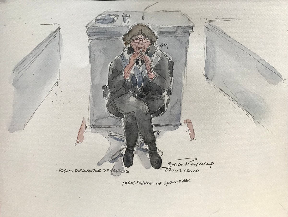This court sketch created on February 26, 2025, shows Marie-France Le Scouarnec ex-wife of French retired surgeon Joel Le Scouarnec during his trial on charges of assaulting or raping 299 patients, at the Criminal Court in Vannes.