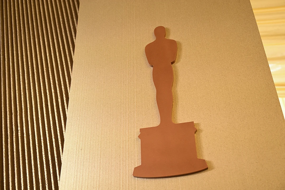 The Oscars logo is displayed during preparations for the 97th Annual Academy Awards in Hollywood, California, on February 26, 2025.