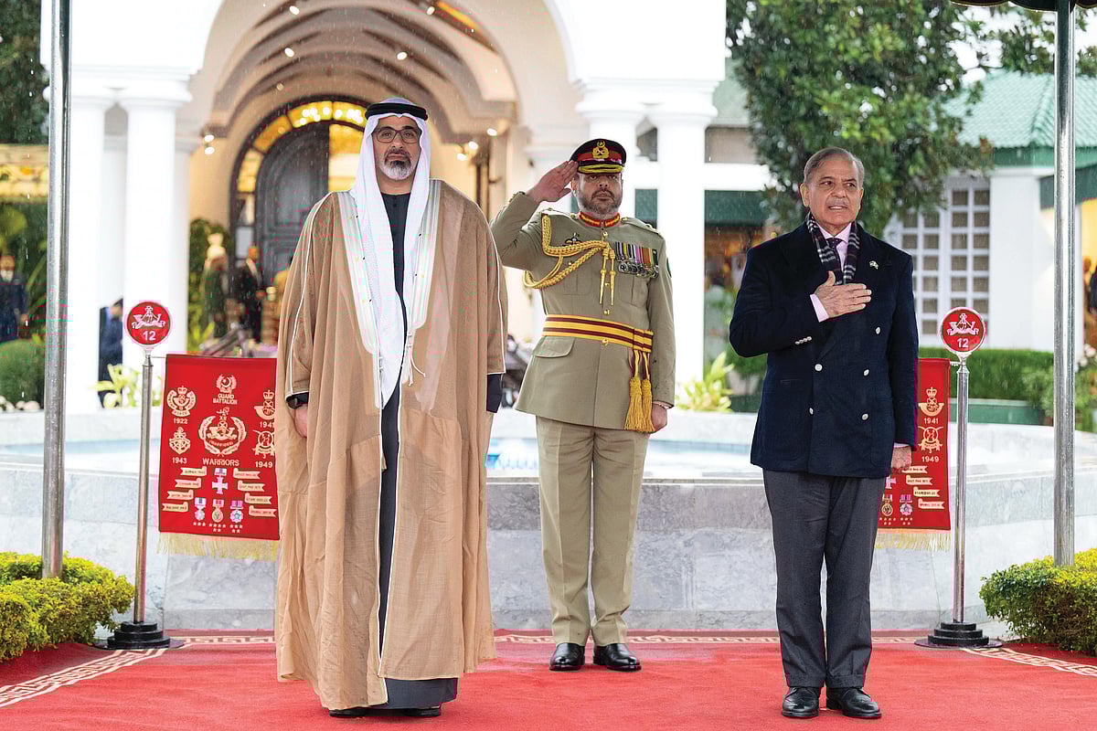 Abu Dhabi Crown Prince Sheikh Khaled bin Mohamed bin Zayed Al Nahyan and Muhammad Shehbaz Sharif reviewing the guard of honour lined up to greet them. Sheikh Khalid arrives in Pakistan on Thursday on an official visit