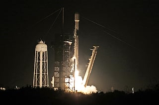 Intuitive Machines' Athena lander on top of a SpaceX Falcon 9 rocket, launches toward the moon from Launch Complex 39A at NASA's Kennedy Space Center, Florida, February 26, 2025.