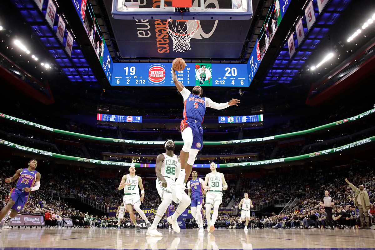 Malik Beasley #5 of the Detroit Pistons shoots the ball during the game against the Boston Celtics at Little Caesars Arena in Detroit, Michigan.