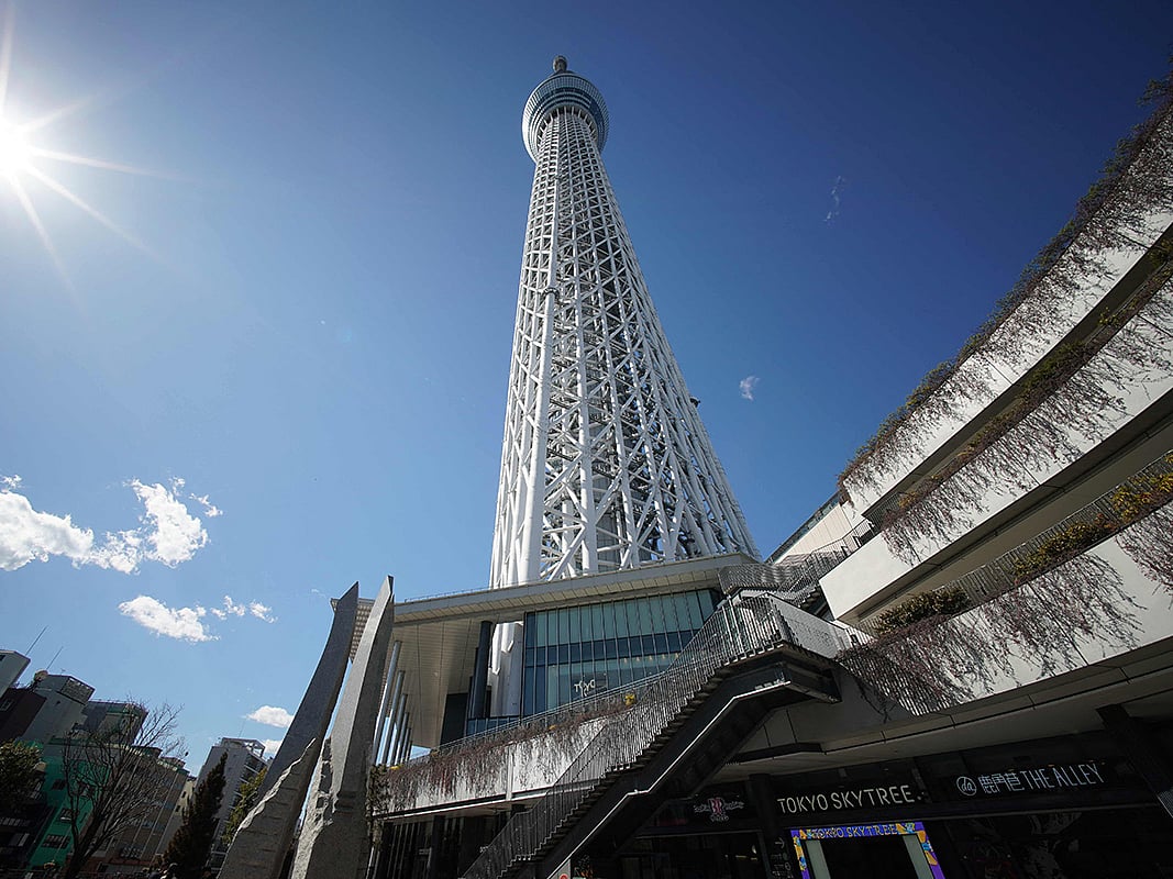 This photo taken on February 20, 2025 shows the base of the 634m-high (2,080 ft.) Tokyo Skytree in the Oshiage area of the Japanese capital. 