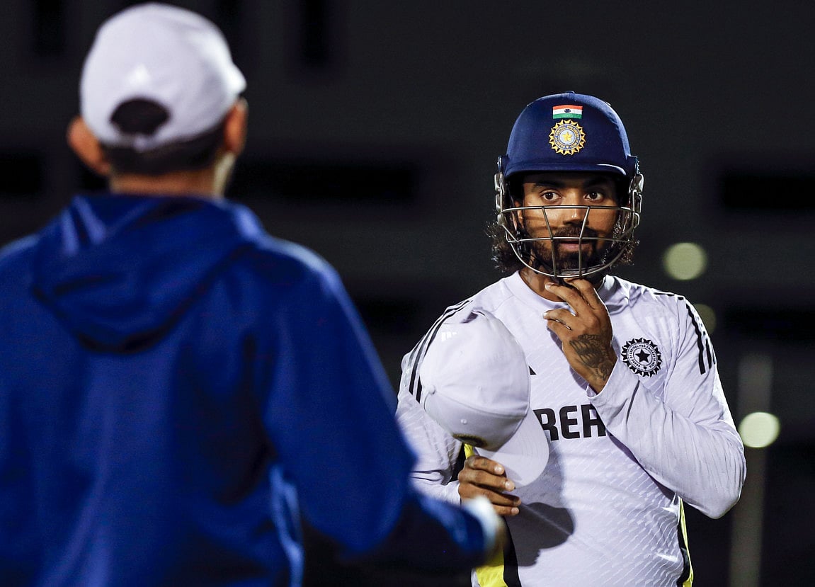 Indian wicketkeeper KL Rahul gets ready during a practice session at the ICC Academy in Dubai.