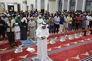Faithful perform the prayers after Iftar on the first day of holy month of Ramadan at Al Farooq Omar Bin Al Khattab Mosque (Blue Mosque) in Dubai. 