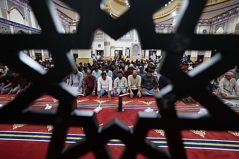 Faithful perform the prayers after Iftar on the first day of holy month of Ramadan at Al Farooq Omar Bin Al Khattab Mosque (Blue Mosque) in Dubai. 
