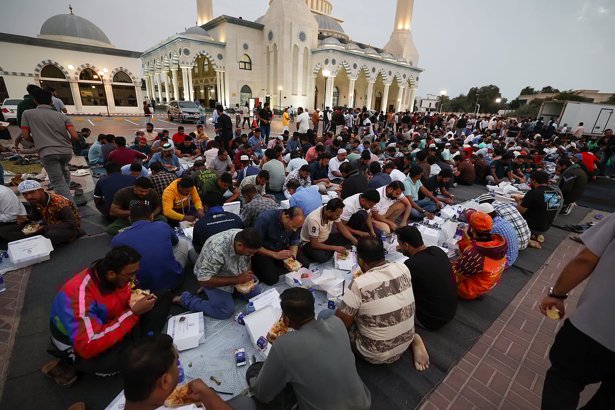 Faithful perform the prayers after Iftar on the first day of holy month of Ramadan at Al Farooq Omar Bin Al Khattab Mosque (Blue Mosque) in Dubai.