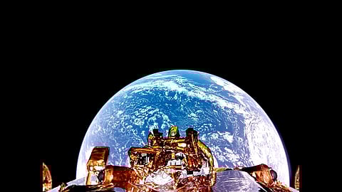 This still image taken from a February 24, 2025 video released by Firefly Aerospace shows Firefly's Blue Ghost lander on its third lunar orbit, showing the far side of the Moon and a top-down view of Blue Ghost.