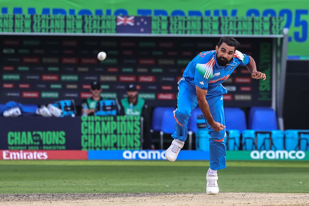 India's Mohammed Shami bowls during the ICC Champions Trophy one-day international (ODI) cricket match between New Zealand and India at the Dubai International Stadium in Dubai on March 2, 2025.