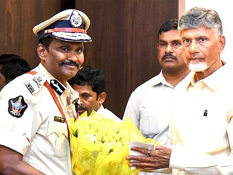 Sunil Kumar  congratulating N. Chandra Babu Naidu after he became the Chief Minister of Andhra Pradesh in last June. His suspension marks a sharp turn in his career, which saw him handling high-profile cases, including investigations against TDP leaders when the YSR Congress Party was in power. 