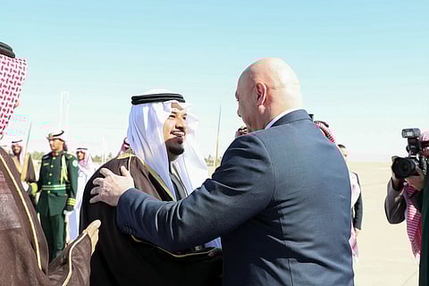 Lebanon's President Joseph Aoun being welcomed by with Saudi Arabia's Deputy Emir of Riyadh Prince Mohammed bin Abdulrahman upon his arrival in Riyadh on March 3, 2025.