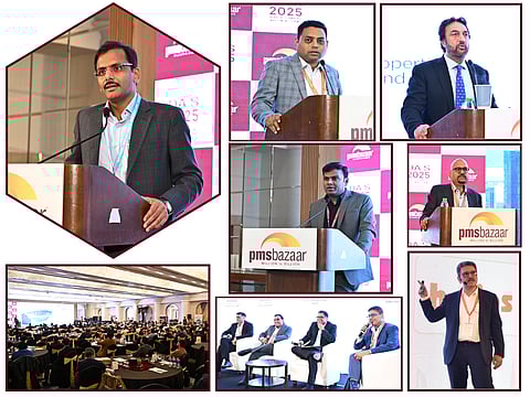 Column from left: Keynote speaker, Vikas Khemani; View of the packed conference hall with hundreds of delegates; Centre Column: Arpit Shah, R Pallavarajan; An engaging panel discussion; Last Column: Shankar Sharma, Lakshmipathi Chockalingam and Dinshaw S Irani