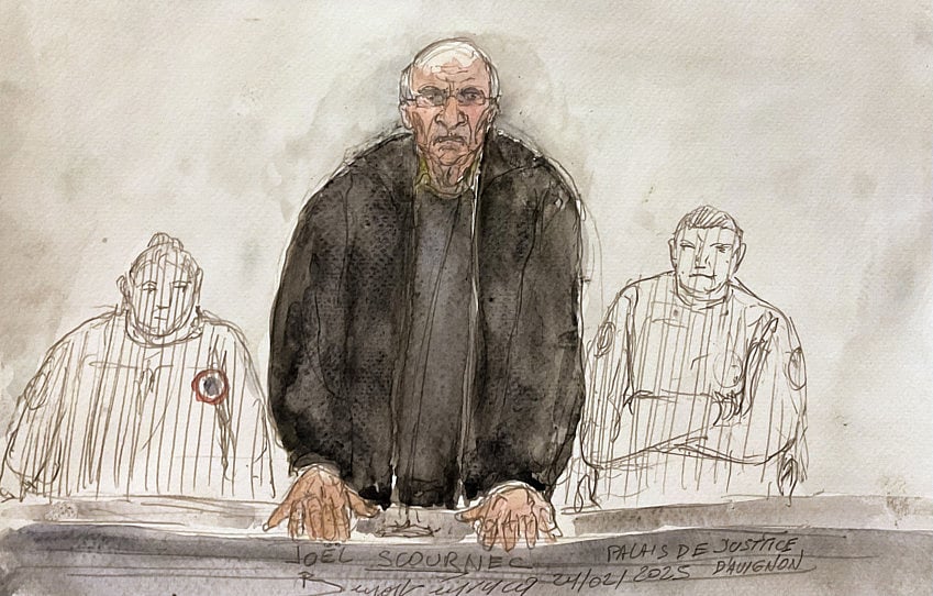 This court sketch created on February 24, 2025 shows retired surgeon Joel Le Scouarnec speaking during a hearing on the opening day of his trial on charges of assaulting or raping 299 patients at the Criminal Court in Vannes. 