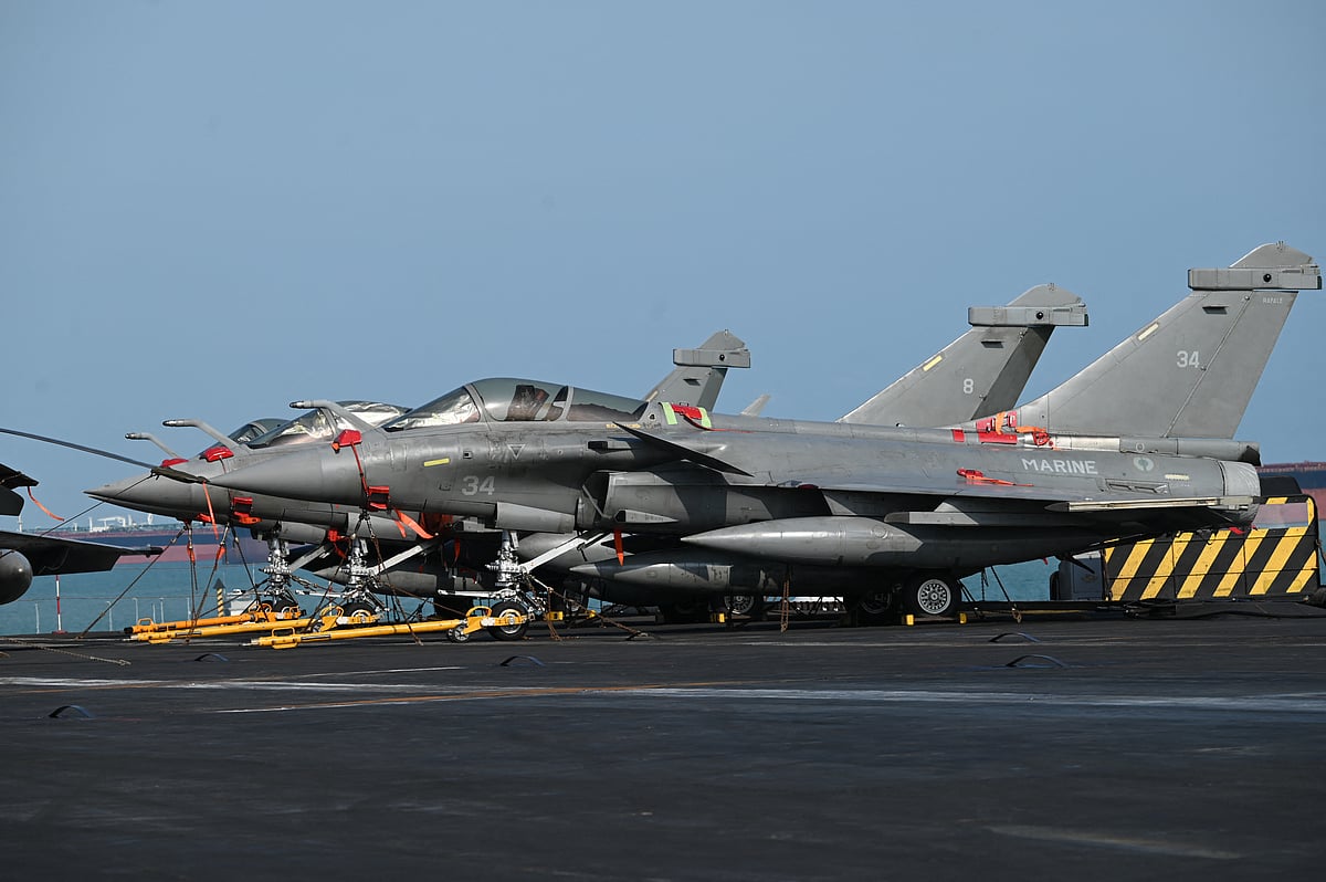 French Rafale Marine fighter jets during a media tour at Changi Naval Base in Singapore.