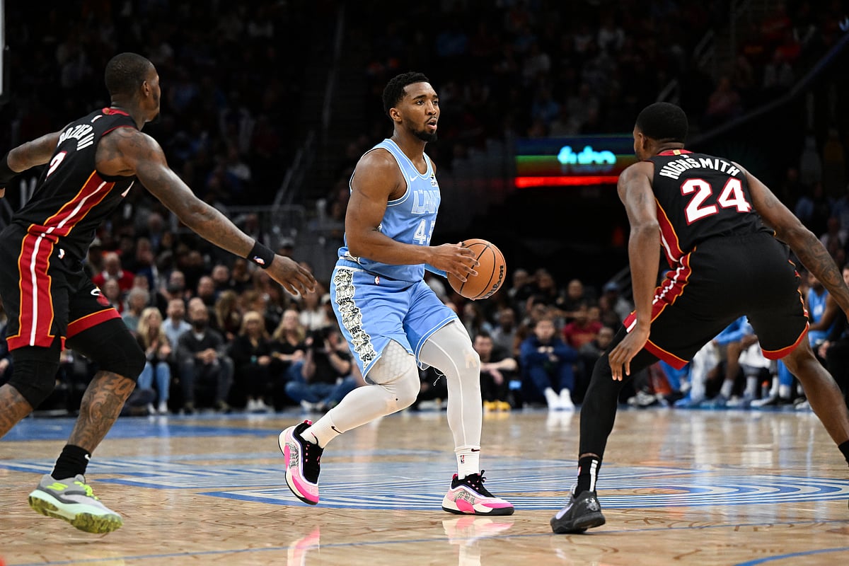 Donovan Mitchell #45 of the Cleveland Cavaliers handles the ball during the game against the Miami Heat at Rocket Arena in Cleveland, Ohio.