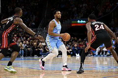 Donovan Mitchell #45 of the Cleveland Cavaliers handles the ball during the game against the Miami Heat at Rocket Arena in Cleveland, Ohio.