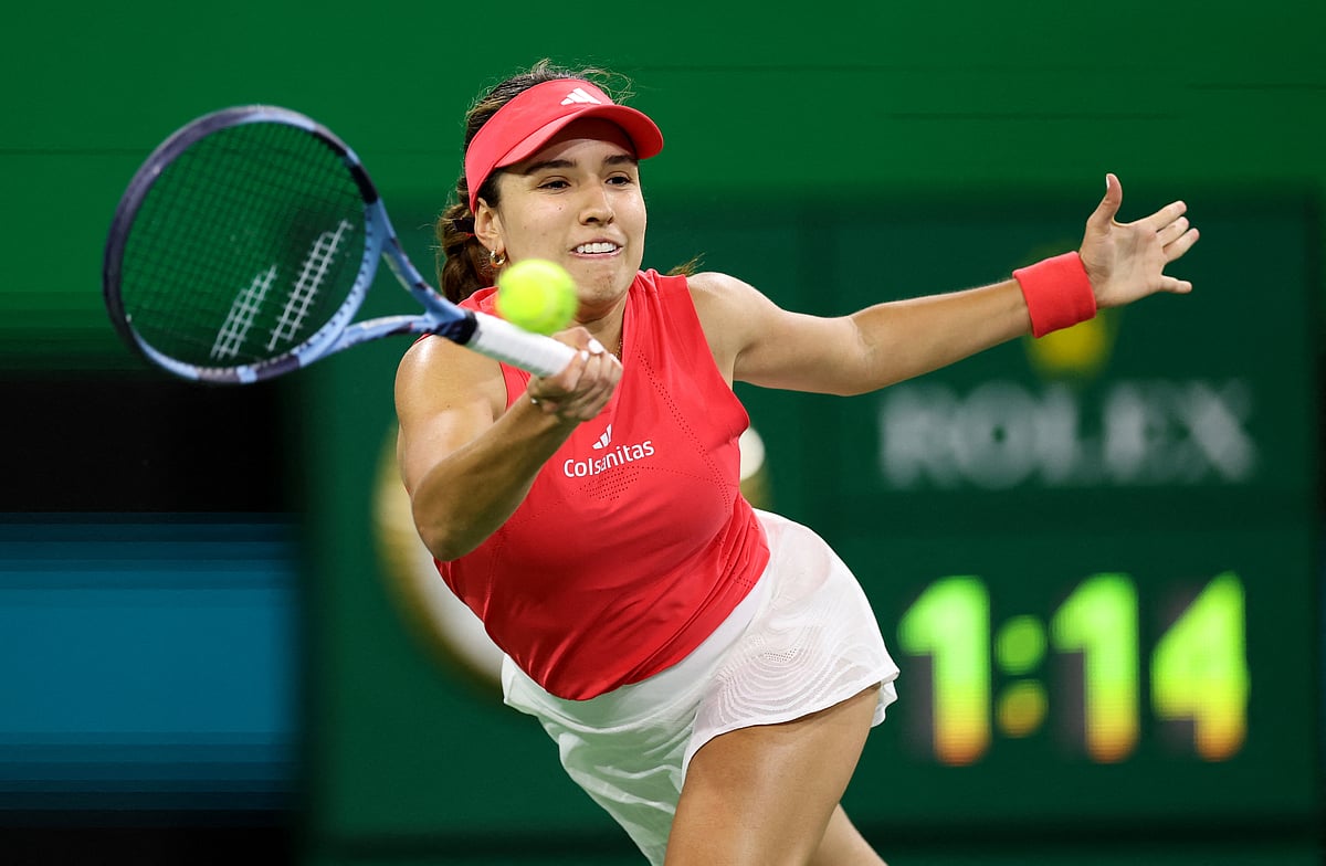 Camila Osorio of Columbia plays a forehand against Naomi Osaka of Japan in their first round match during the BNP Paribas Open at Indian Wells Tennis Garden on March 5 in Indian Wells, California.