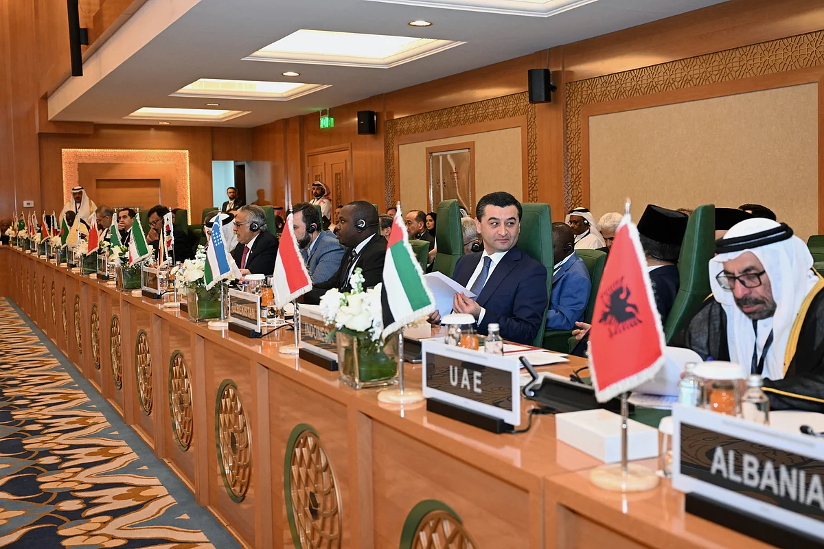 Diplomats attend an Extraordinary Session of the Council of Foreign Ministers of the Member States of The Organisation of Islamic Cooperation (OIC) in Jeddah on March 7, 2025. Foreign ministers from the 57-member OIC have gathered after the Arab League endorsed Egypt's proposal to rebuild the Gaza Strip under the future administration of the Palestinian Authority. 